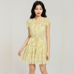 1. State‎ Women's Yellow Floral Print Sleeveless A-Line Tiered Mini Dress Size M
